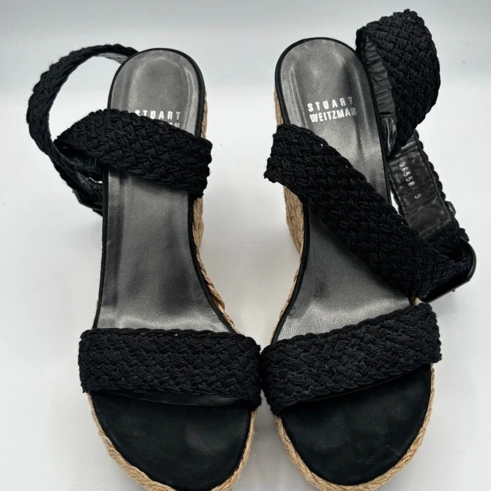 Stuart Weitzman Alex Wedge Sandals 9M Black Jute Espadrille Braided Strap Heels - Picture 5 of 10